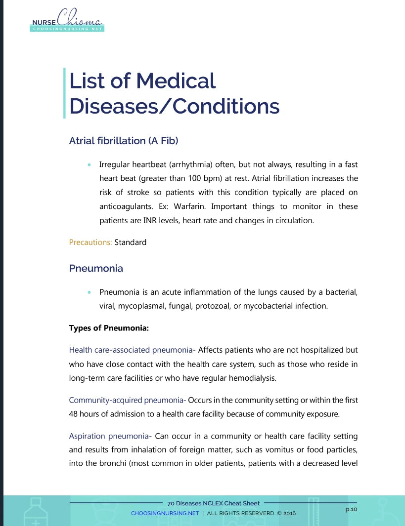 70 Diseases & Conditions NCLEX Cheat Sheet Book (100 Practice Questions) Color Edition + AUDIO COURSE