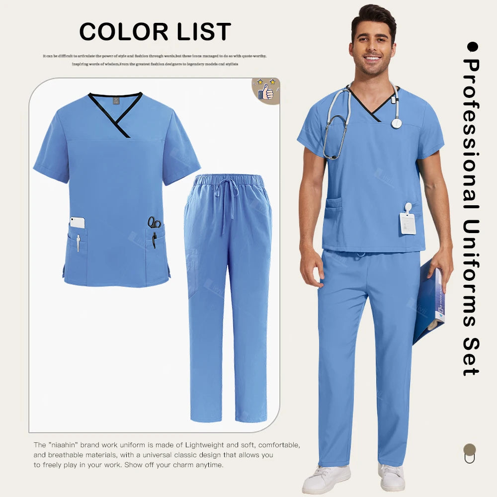 Surgical Uniforms Lab Workwear Clothes Nurse Scrubs Set Men Nurse Accessories Medical Uniform Surgical Dental Clinical Top Pants