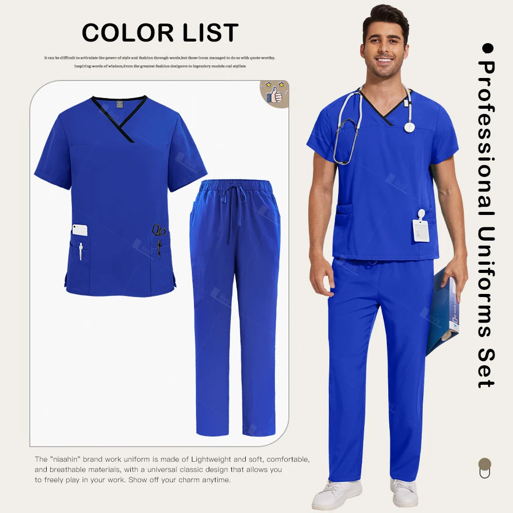 Surgical Uniforms Lab Workwear Clothes Nurse Scrubs Set Men Nurse Accessories Medical Uniform Surgical Dental Clinical Top Pants