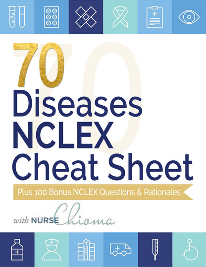 70 Diseases & Conditions NCLEX Cheat Sheet Book (100 Practice Questions) Color Edition + AUDIO COURSE